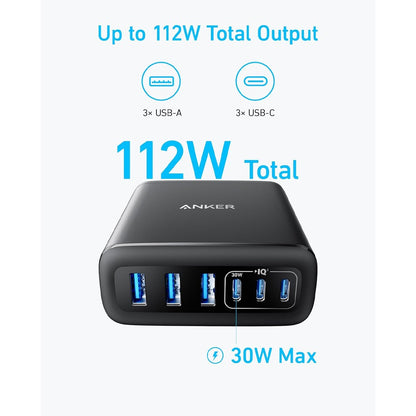 Anker Charger (112W, 6 Ports) A2154T11, 6-in-1 Charger for All, 112W Multi-Device Charger