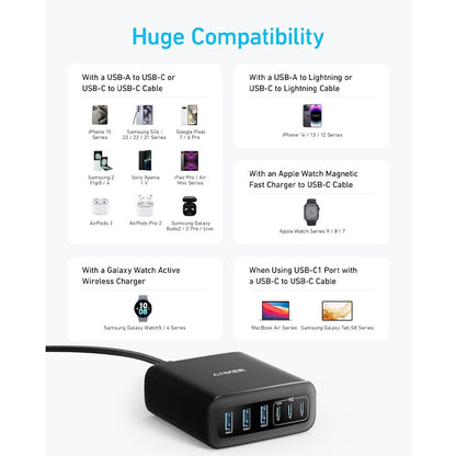 Anker Charger (112W, 6 Ports) A2154T11, 6-in-1 Charger for All, 112W Multi-Device Charger