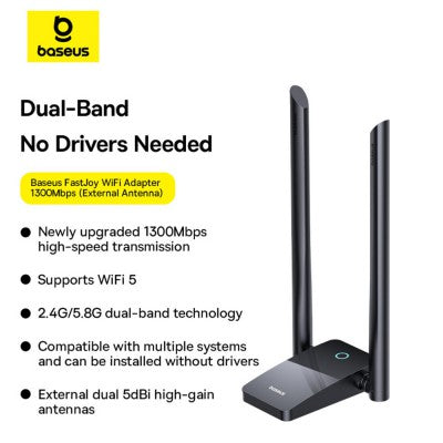 Baseus FastJoy Series WiFi Adapter 1300Mbps-Cluster Black Transmission rate 2.4GHz: 400Mbps, 5.8GHz: 867Mbps