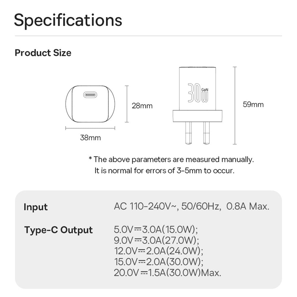 Baseus GaN5 Mini Fast Charger 1C 30W-Moon White, Small size, Compatible with multiple fast charging protocols