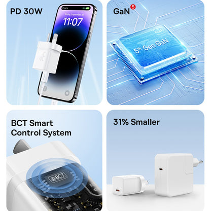 Baseus GaN5 Mini Fast Charger 1C 30W-Moon White, Small size, Compatible with multiple fast charging protocols