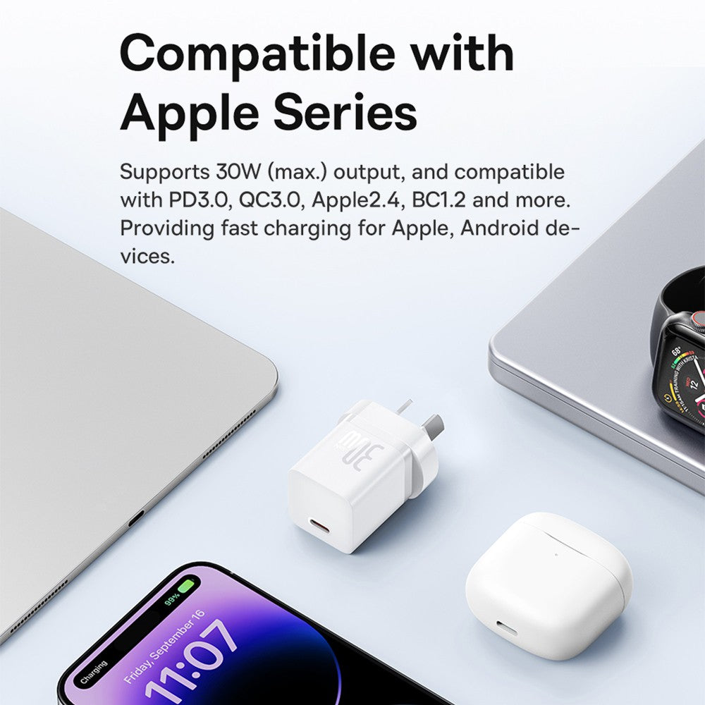Baseus GaN5 Mini Fast Charger 1C 30W-Moon White, Small size, Compatible with multiple fast charging protocols