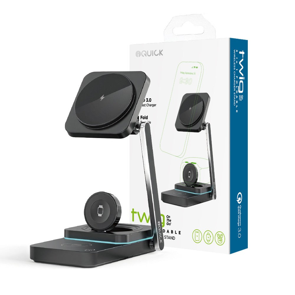 iQuick Twig T6 3 in 1 Foldable Wireless Charger Stand, 3 IN 1 WIRELESS CHARGER Support for Series iPhone/ Android/ Airpods/ pro/ iWatch.